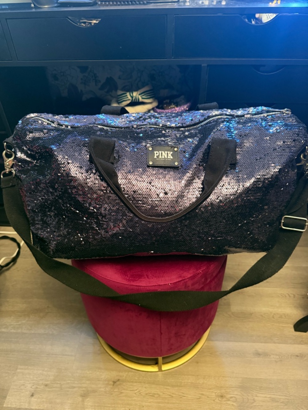 PINK Victoria's Secret Black and Navy Blue Sequin Travel Duffel
